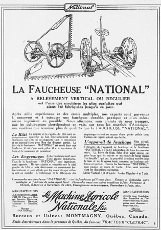 Une annonce publicitaire pour une faucheuse fabriquée par La Machine Agricole Nationale Limitée de Montmagny, Québec. Anon., « Publicité – La Machine Agricole Nationale Limitée. » Le Bulletin des agriculteurs, 11 juin 1921, 556.