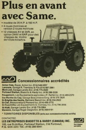 An advertisement showing an Italian SAME Buffalo tractor. Anon. “Advertising – Les Entreprises Biasotto & Hardy (Canada) Incorporée.” Le Bulletin des agriculteurs, July 1981, 26.