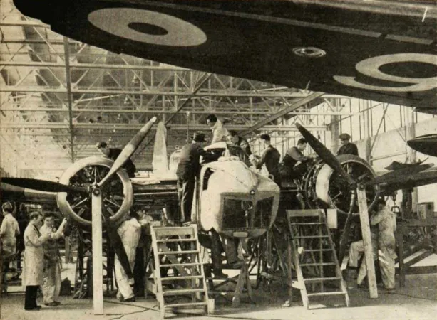 A coastal reconnaissance Bristol Bolingbroke destined for the Royal Canadian Air Force being assembled at the Fairchild Aircraft Limited factory, Longueuil, Québec, 1941. Anon., “Les C.F. et la R.C.A.F.” Le Samedi, 18 October 1941, (c).