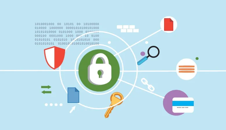 A graphical image depicts a secure data-sharing platform through a series of icons, including a lock, key, and documents.