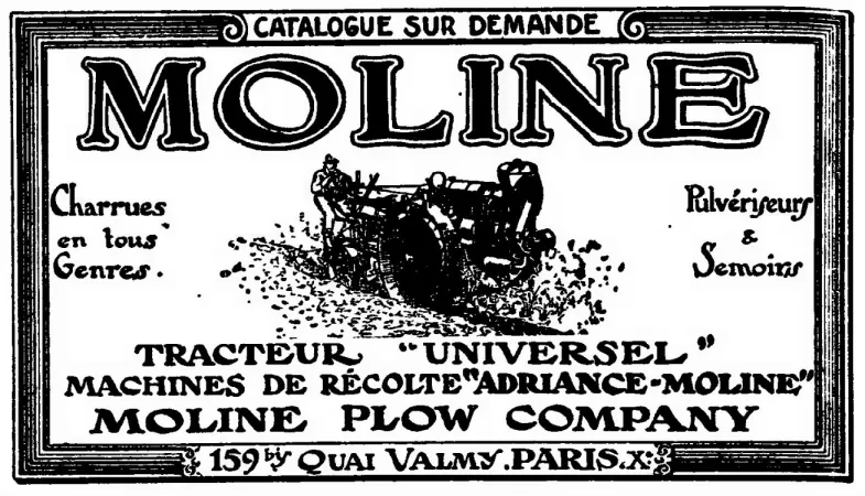 A Moline Plow Company advertisement showing a Moline Universal Tractor in action. Anon. “Moline Plow Company.” L’Agriculture nouvelle, 10 December 1921, 707.