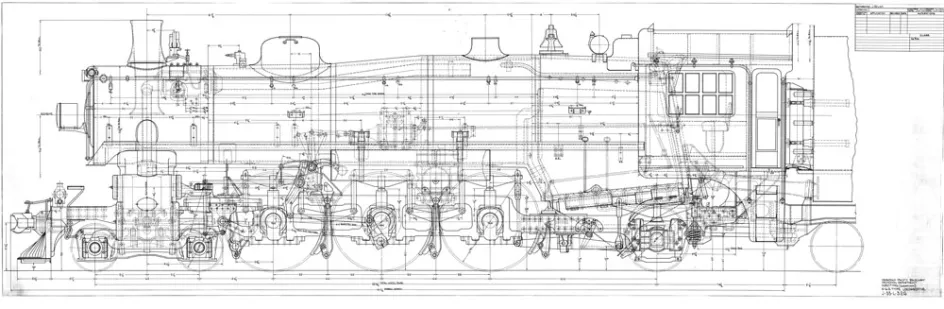 A scan of drawing J-35-L-326, one of our largest, illustrating a 4-6-2 type steam locomotive.  