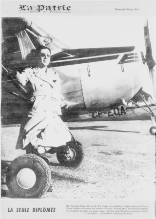 Gertrude Dugal, the first francophone Québec women to obtain a pilot’s license – or not, Cartierville airport, Cartierville, Québec. Anon., “La seule diplômée.” La Patrie, Journal du dimanche, 18 May 1947, 1.