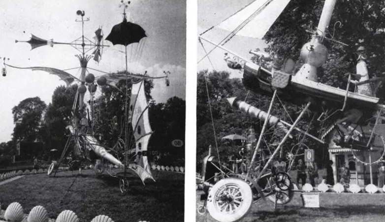 Le Shell By-Plane X 100 Astroterramare du professeur Septimus Urge (extrême droite), Pleasure Gardens du Festival of Britain, Battersea Park, Londres, Angleterre. Anon., « New British Jet Unique, but Not Matchless. » Aviation Week, 18 août 1952, 44.