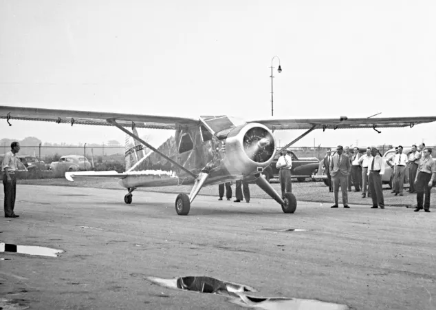 The prototype of the Canadian de Havilland Canada DHC-2 Beaver bushplane on the day of its first flight, Downsview, Ontario, August 1947. CASM, KM-08317.
