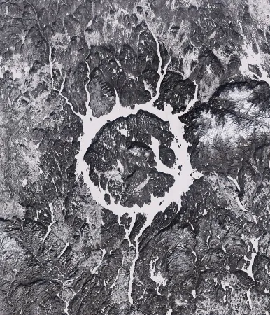 The Manicouagan Reservoir, also known as the Eye of Québec, as photographed from space by the Sentinel 2-A satellite of the European Space Agency’s Copernicus Programme, January 2017. https://scihub.copernicus.eu/ via Wikimedia.