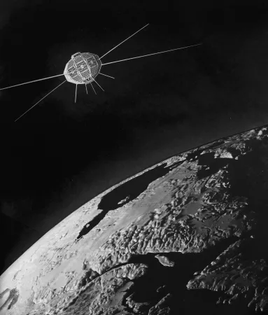 Artist’s impression of the Canadian satellite Alouette in orbit above Canada. National Film Board, Photostory 288: Canadian Scientists Keep Pace with Space, NFB62-5961.