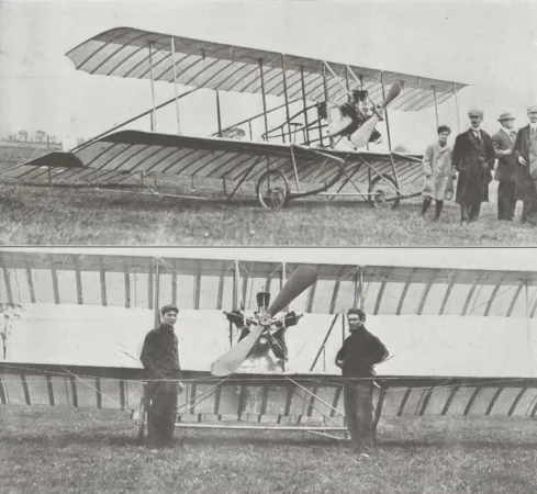 Le biplan fabriqué par Ernest Anctil (à gauche dans la photographie du bas) et Gustave Pollien, Cartierville, Québec. Anon., « The first Montreal-made biplane. » The Standard, 5 octobre 1912, 4.