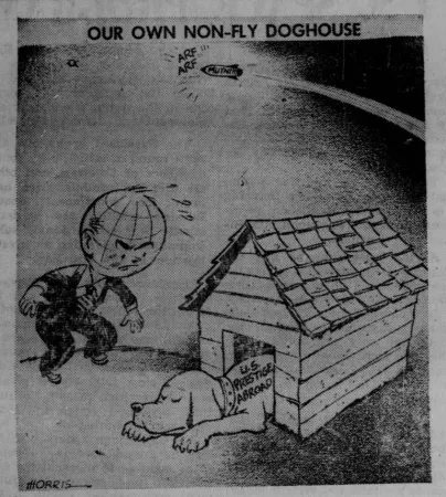 Un dessin éditorial qui reflète la réaction de nombreux Américains suite au lancement de Spoutnik 2. Une traduction du titre du dessin pourrait être Notre propre disgrâce non-volante. John Milt Morris, « Our own non-fly doghouse. » The Nome Nugget, 8 novembre 1957, 2.