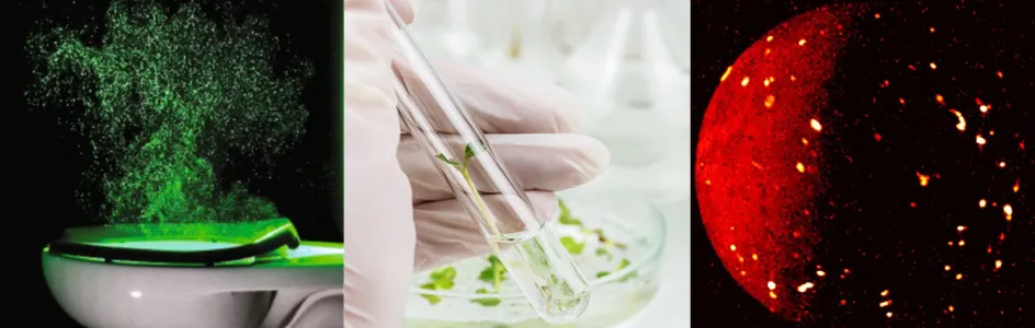 Trois images côte à côte : une cuvette de toilettes expulsant un nuage de gouttelettes, une main gantée tenant un tube à essai contenant une petite plante, et une vue infrarouge de la lune volcanique de Jupiter, Io, montrant des taches d'activité volcanique couvrant la lune. 