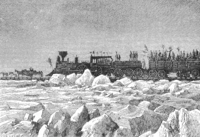The gaily decorated W.H. Pangman locomotive and the flat cars it towed during the first crossing of the Saint Lawrence River between Hochelaga / Montréal, Québec, and Longueuil, Québec, January 1880. R. Richou, “Un chemin de fer sur la glace.” La Nature, 28 April 1883, 349.