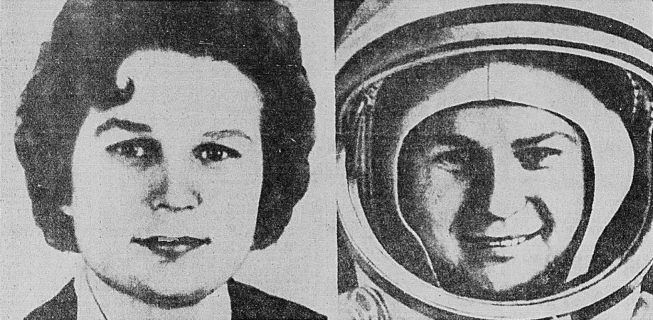 La sous-lieutenante Valentina Vladimirovna Terechkova en tenue de ville et en tenue spatiale. Anon., « Un 3e Russe dans l’espace? Il irait rejoindre le couple qui s’y trouve. » La Presse, 17 juin 1963, 1.