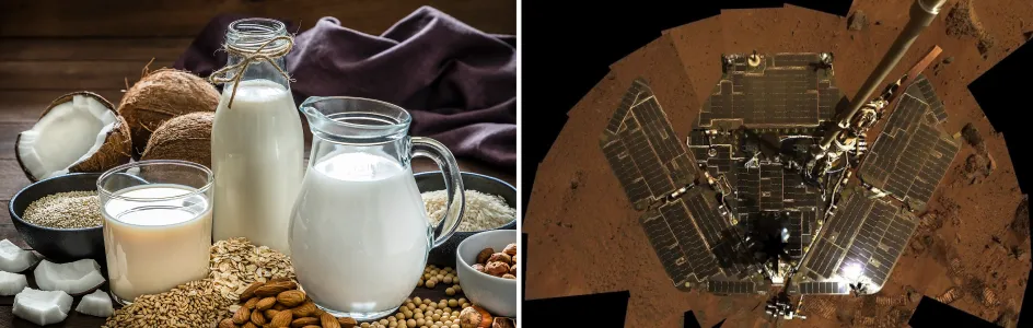 Two images spliced: On the left, different plant-based milk alternatives, on the right, an overhead view of the Spirit rover.