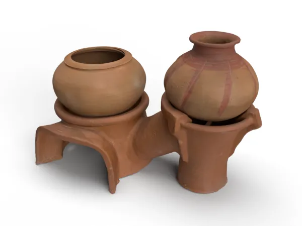 A reddish clay structure made up of three objects, a base with two circular holes in the top to each fit a pot, one wider, and one taller.