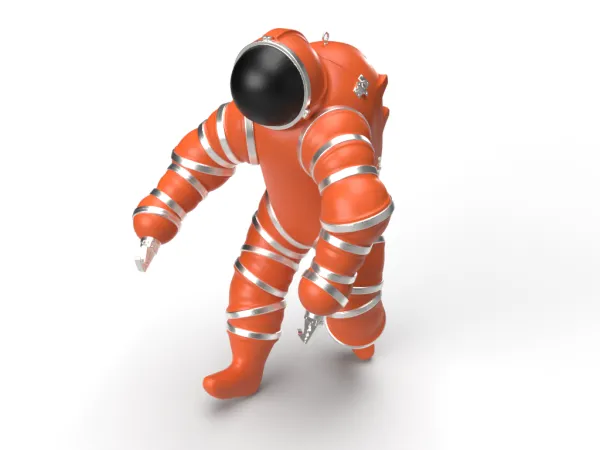 A bulky, bright orange diving suit with silver striping around the limbs of the arms and legs. The arms end in silver hooks and a black face dome covers the helmet.