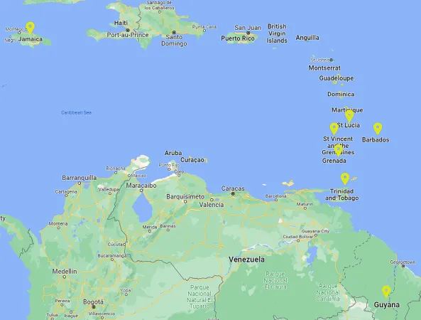 Map of the Caribbean with indicators highlighting the countries of Jamaica, Barbados, Grenada, Guyana, St. Vincent and the Grenadines, St. Lucia, and Trinidad and Tobago.