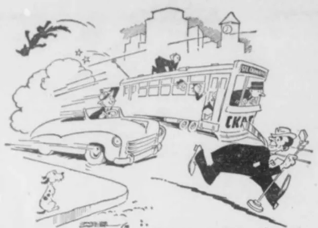 Caricature by illustrator / graphic designer Jacques Gagnier promoting the weekly Québec radio game show Auto-Tram broadcasted by the radio station CKAC of Montréal, Québec. Jacques Gagnier, “–.” RadioMonde, 27 November 1948, 18.