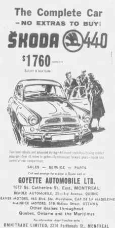 An advertisement of the Czechoslovakian foreign trade company Omnitrade Limited of Montréal, Québec, for the AZNP Škoda 440 automobile. Anon., “Omnitrade Limited.” The Montreal Star, 28 November 1958, 24.