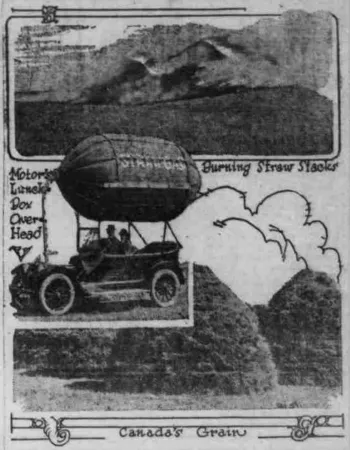 The illustration which brought the straw gas production project of University of Saskatchewan professor Robert Dawson MacLaurin to the attention of many. Anon., “Straw Gas Here: Novel Motor Fuel Used to Save Gasoline.” Visalia Morning Delta, 15 November 1918, 6.