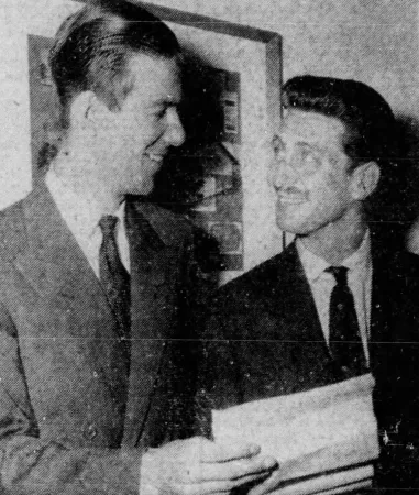 Businessmen partners Alastair Auld Mactaggart, on the left, and Jean Henri Brion Chopin de La Bruyère discussing the July 1955 flight across the Channel, Edmonton, Alberta. Anon., “City Pilot Plans Fly Channel In Copy of Bleriot’s Plane.” The Edmonton Journal, 17 May 1955, 1.