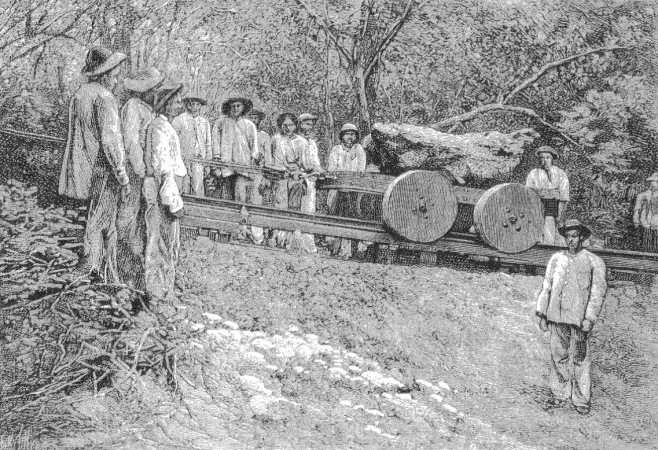 La météorite de Bendegó en cours de transport, rive de la rivière Jacurici, province de Bahia, empire du Brésil, 1888. Stanislas Meunier, « La météorite de Bendego. » La Nature, 22 juin 1889, 49.
