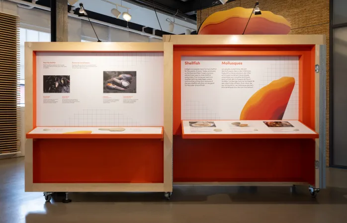 A head-on view of a bright orange and white exhibition station shares information about shellfish using photos and texts.