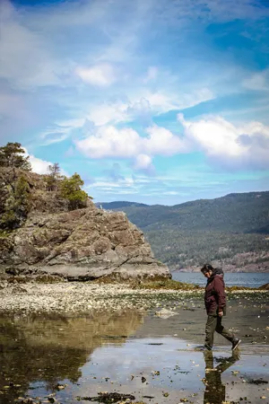 Landscape photograph of a mountainous horizon in the background, with a man walking along the shoreline in the foreground.