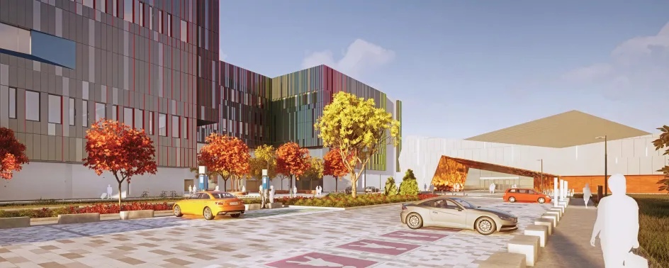 3D Rendering of the parking lot, from Lancaster Road, with a view of both the Ingenium Centre and the Science and Technology Museum.