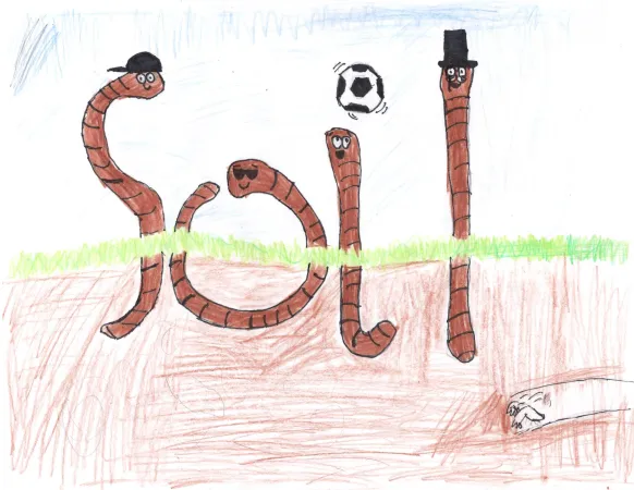 Un dessin d’enfant coloré présentant quatre joyeux vers de terre sortant de la terre. Leurs corps sont dessinés pour former le mot « soil » (sol). 
