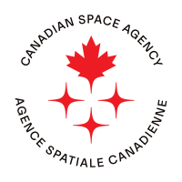 Circular logo that reads Canadian Space Agency on top and Agence Spatiale Canadienne on the bottom.  In the middle of the circle is a stylized maple leaf above and three, red, four pointed stars below.