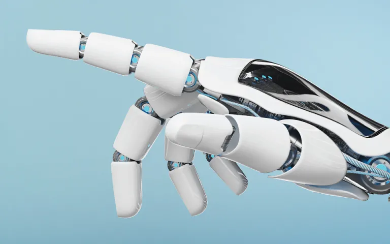 A white robotic humanoid hand with articulated fingers, has the first finger extended and pointing to something off screen.