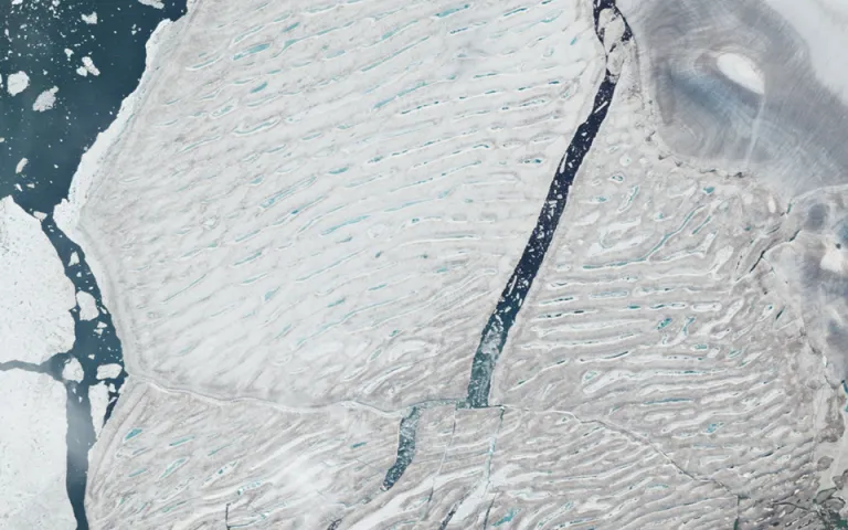 Satellite image of a large expanse of ice surrounded by the sea