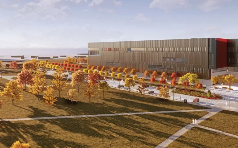 Rendu artistique en 3D du paysager prévu, qui comprend un parc sur le côté gauche de l'image et un grand entrepôt moderne sur le côté droit.
