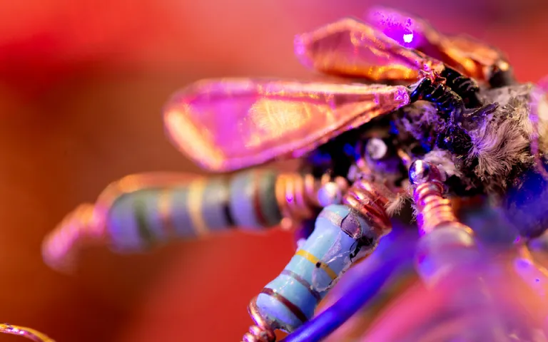 A close-up of a dragonfly fashioned out of wires and beads, set against a bright red background.