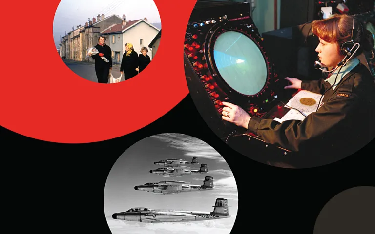 Four circular images set against a black and red background. One image shows a black and white photo of a person in an RCAF uniform.  The top image is of a person and two young children walking through a neighbourhood.  The photo on the left shows a woman working at a radar scope and the bottom image is of several aircraft flying side by side. 