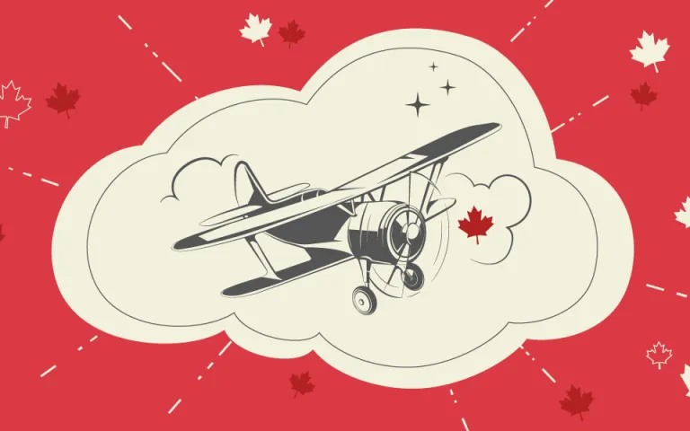 A red-and-white illustration depicts a large, biplane in the middle, with small maple leaves scattered all around it.