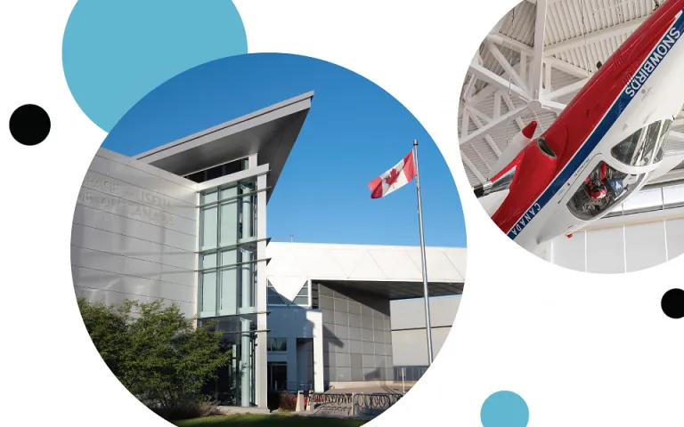 Several circles containing images of the Canada Aviation and Space Museum. One circle show the front of the museum set against a blue sky.  Another circle shows the upside down Tutor aircraft suspended from the ceiling in the museum lobby.  Several other blue and black dots are also scattered on the image. 