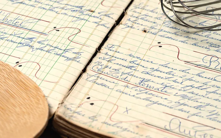 A close-up image of a handwritten recipe book. A wooden spoon and a metal whisk lie across the pages.