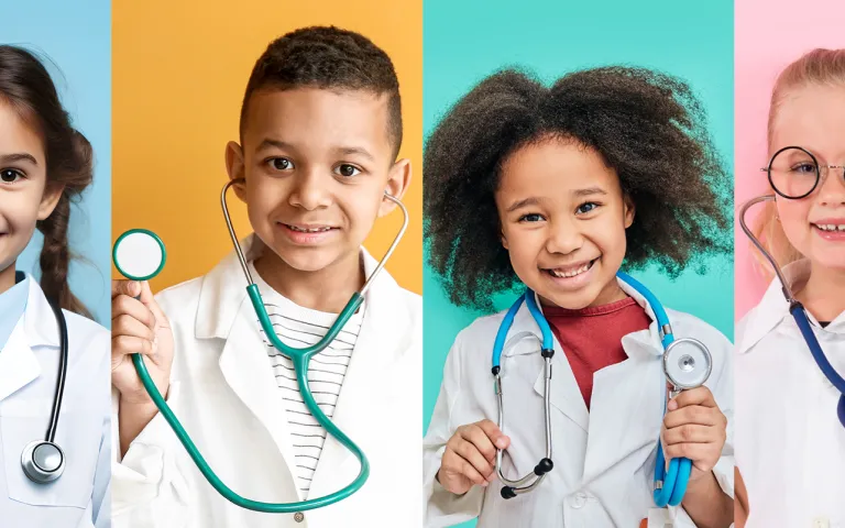 Composite image featuring four smiling children standing in front of various vibrant backgrounds. Each child is wearing a lab coat and is equipped with a stethoscope, adding to the scientific atmosphere.