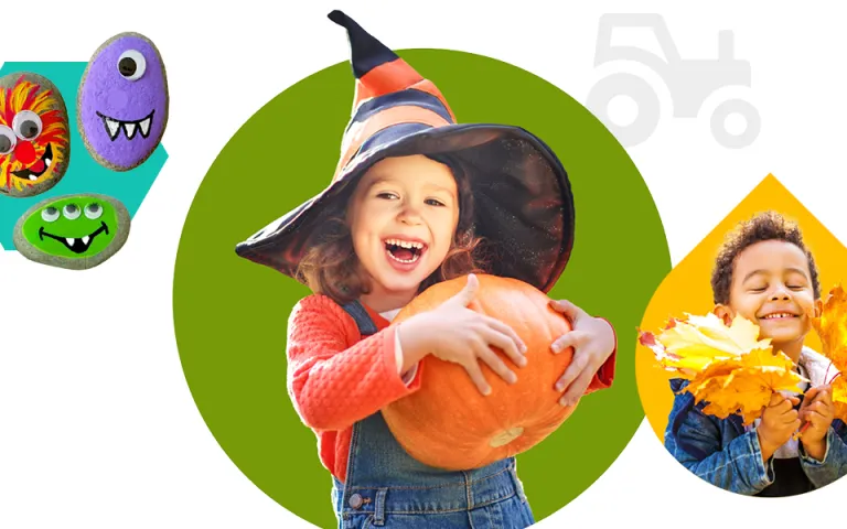 Three images are artfully arranged: A child holding an armful of leaves, a child holding a pumpkin and wearing a witch hat, and three rocks painted with monster faces.