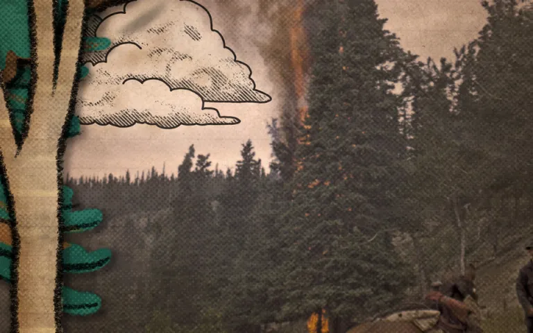 An image of two people and a forest, with smoke rising from the trees, has an artist's graphic trees and clouds added to it.