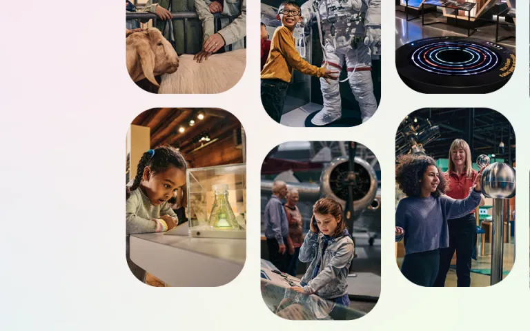 Collection of images of visitors and staff participating in activities at the Canada Agriculture and Food Museum, the Canada Science and Technology Museum and the Canada Aviation and Space Museum