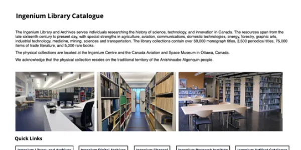Screen capture of Ingenium's Library Catalogue website homepage