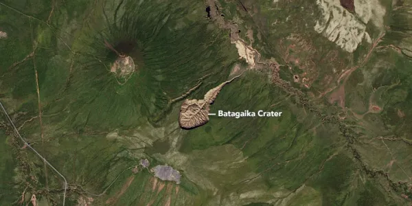 A satellite image of Batagaika Crater in Siberia, Russia.