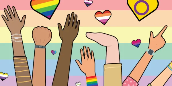 An image featuring arms of different ethnic races and an arm with a disability. There are many hearts of different colors and sizes, expressing diversity and inclusion.