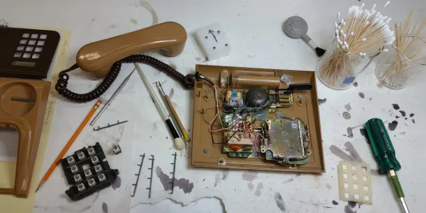 A disassembled phone and a variety of parts and tools sit on a work bench. 