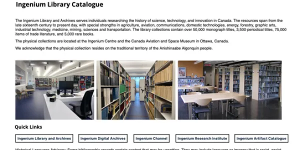 Screen capture of Ingenium's Library Catalogue website homepage