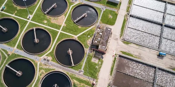 Aerial drone view on modern sewage treatment plant.