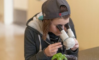 Un enfant portant une casquette à l'envers et une veste molletonnée grise est penché sur un microscope pour examiner un échantillon de sol. La pièce derrière l'enfant est floue.