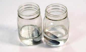 two glass jars filled with water and eggs